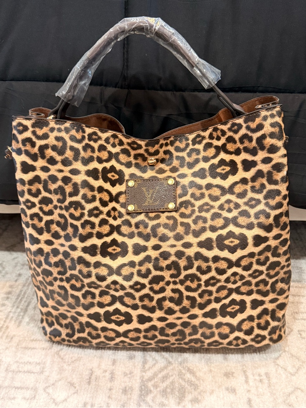 NEW Oversized Leopard Print Upcycled Tote Bag Brown Gold Travel Carryall